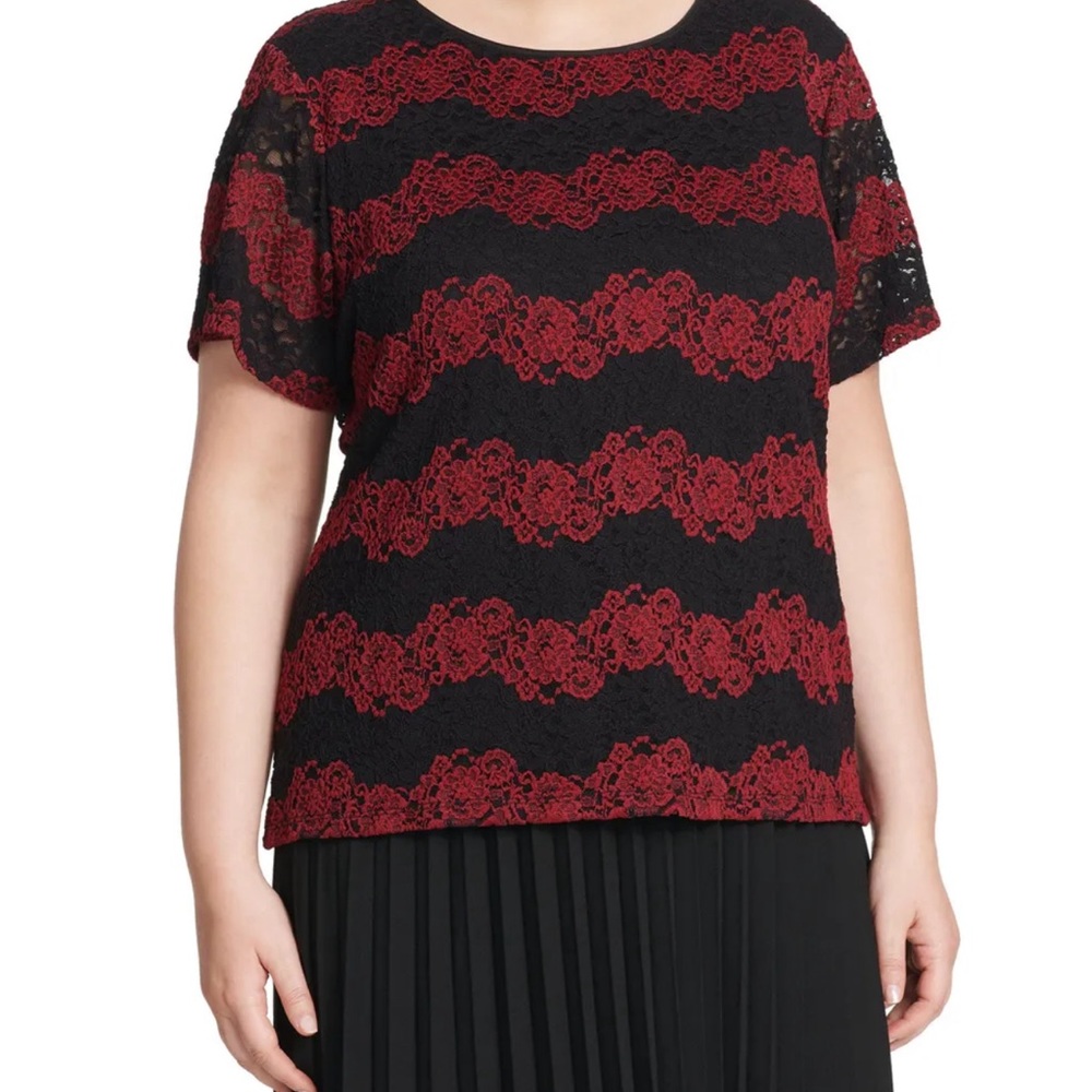 Calvin Klein Floral-Lace Top Black Brugundy  Blouse 3X